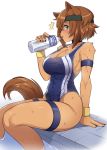  big_breasts breasts brown_hair canid canine clothing female hair hi_res iwbitu japanese_kobold looking_at_viewer mammal monster_musume one-piece_swimsuit polt_(monster_musume) solo sweat swimsuit 
