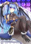  1girl black_wings blue_hair blue_skirt bracelet breast_lift breasts brown_legwear claws cleavage dated dragon_girl hal_(harun) hand_up horns jewelry large_breasts long_hair looking_at_viewer meliusiana pantyhose purple_eyes sennen_sensou_aigis simple_background sitting skirt smile solo tail very_long_hair wings 