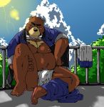  2015 anthro belly blush brown_fur bulge clothing fundoshi fur humanoid_hands jacket japanese_clothing juuichi_mikazuki kotobuki529 male mammal moobs morenatsu nipples outside overweight overweight_male pants sitting solo sun underwear ursid 