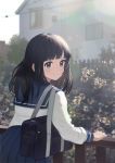  1girl absurdres bag bangs black_hair blue_eyes blunt_bangs blurry blurry_background commentary flower highres lens_flare looking_at_viewer looking_back medium_hair original outdoors school_bag school_uniform serafuku solo yoshihiro12190 