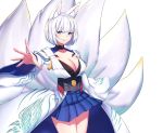  1girl animal_ears azur_lane bangs black_shirt blue_fire blue_skirt blunt_bangs breasts cleavage cowboy_shot eyebrows_visible_through_hair fire fox_ears fox_girl fox_tail hakama_skirt highres japanese_clothes kaga_(azur_lane) kaiend kimono kitsune large_breasts looking_at_viewer miniskirt multiple_tails outstretched_arm parted_lips pleated_skirt ribbon-trimmed_sleeves ribbon_trim shirt skirt smile solo tail white_background white_hair white_kimono white_shirt wide_sleeves 