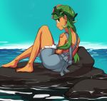  1girl barefoot commission creatures_(company) dark_skin flower from_behind full_body game_freak green_eyes green_hair hair_flower hair_ornament headband highres light_smile lips long_hair looking_back low_twintails lying mao_(pokemon) nintendo ocean overall_shorts pokemon pokemon_(anime) pokemon_(game) pokemon_sm pokemon_sm_(anime) polyle pose rock solo strapless trial_captain tubetop twintails 