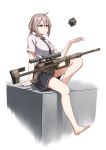  1girl bare_legs barefoot black_skirt bolt_action cheytac_m200 core feet girls_frontline grey_hair gun highres jpc m200_(girls_frontline) necktie ponytail rifle shirt sitting skirt sniper_rifle solo weapon white_background white_shirt 