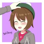  beret breasts brown_hair creatures_(company) eyebrows eyes_closed female_protagonist_(pokemon_swsh) game_freak happy hat highres mantisshrimpp nintendo pokemon pokemon_swsh shirt short_hair simple_background sweater 