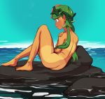  1girl ass bare_back barefoot blush breasts creatures_(company) dark_skin flat_ass flower full-face_blush game_freak green_eyes green_hair hair_flower hair_ornament headband highres long_hair looking_away low_twintails mao_(pokemon) nintendo nipple_slip nipples nude ocean pokemon pokemon_(anime) pokemon_(game) pokemon_sm pokemon_sm_(anime) polyle solo tan tanline thighs trial_captain twintails 