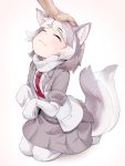  1girl ^_^ afterimage animal_ear_fluff animal_ears asutora bangs blazer blush closed_eyes commentary dog_(kemono_friends) dog_ears dog_tail elbow_gloves eyebrows_visible_through_hair eyes_closed fur-trimmed_sleeves fur_trim gloves grey_background grey_hair grey_jacket grey_skirt highres jacket kemono_friends miniskirt multicolored_hair necktie pantyhose paw_pose petting pleated_skirt red_neckwear scarf seiza shirt short_hair short_sleeves silver_hair simple_background sitting skirt smile solo_focus tail tail_wagging white_gloves white_legwear white_scarf white_shirt 