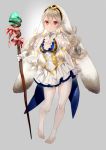  1girl alternate_costume animal_ears barefoot breasts bunny_ears cleavage closed_mouth dress fake_animal_ears female_my_unit_(fire_emblem_if) fire_emblem fire_emblem_heroes fire_emblem_if full_body gloves gradient gradient_background grey_background holding holding_staff long_hair medium_breasts my_unit_(fire_emblem_if) negiwo nintendo pointy_ears red_eyes see-through_sleeves short_dress smile solo staff twitter_username white_gloves white_hair 