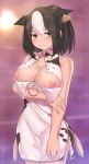  1girl :&lt; animal_ears bangs black_hair blush breast_hold breasts cccpo china_dress chinese_clothes cow_ears cow_girl cow_tail dress ear_tag highres large_breasts looking_at_viewer multicolored_hair nipples original short_hair solo tail two-tone_hair white_hair 