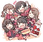  5girls :d ^_^ akb48 bangs black_eyes black_gloves black_hair black_serafuku bowl brown_hair chopsticks closed_eyes eating eyes_closed fang fingerless_gloves gloves group_name hair_ornament hairclip heart holding holding_bowl holding_ladle jacket katou_rena ladle long_hair long_sleeves majisuka_gakuen mole mole_under_eye mukaichi_mion multiple_girls nabe notice_lines o_o ooshima_ryouka open_mouth pants pants_under_skirt ponytail red_jacket red_neckwear school_uniform serafuku sitting smile socks standing takahashi_jyuri taneda_yuuta track_jacket uchiyama_natsuki 