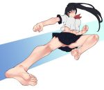 1girl ascot ass bare_legs barefoot black_hair blush bouncing_breasts breasts clenched_hands commentary_request crop_top eiji_(eiji) eyebrows_visible_through_hair feet flying_kick kicking long_hair medium_breasts navel original panties pantyshot ponytail red_eyes school_uniform short_sleeves skirt solo underwear 