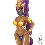  alternate_costume arabian_clothes armlet armor bare_shoulders bikini_armor bracelet cosplay dancer_shantae_(cosplay) dark_skin dragon_quest dragon_quest_iv earrings jewelry jockanapes manya purple_hair revealing_clothes shantae_(series) simple_background veil 