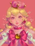  1girl bellhenge blonde_hair blue_eyes bow braid crown dress earrings gloves jewelry lips long_hair looking_at_viewer mario_(series) new_super_mario_bros._u_deluxe nintendo open_mouth peachette pink_dress puffy_sleeves smile solo super_crown twintails 