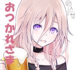  1girl alcohol bangs bare_shoulders beer beer_mug black_choker black_shirt braid choker collarbone cup eyebrows_visible_through_hair foam hair_between_eyes holding holding_cup ia_(vocaloid) light_brown_hair long_hair looking_at_viewer off-shoulder_shirt off_shoulder purple_eyes shirt simple_background solo translation_request twin_braids upper_body vocaloid white_background yuuki_kira 