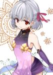  1girl bangs bare_shoulders blue_flower chize closed_mouth collarbone commentary_request covered_collarbone dress earrings elbow_gloves eyebrows_visible_through_hair fate/grand_order fate_(series) flower gloves grey_hair hair_between_eyes hair_ribbon jewelry kama_(fate/grand_order) navel purple_dress purple_gloves purple_skirt red_eyes red_ribbon ribbon see-through skirt sleeveless sleeveless_dress smile solo white_flower 