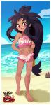  1girl animal belly bikini creatures_(company) eyebrows game_freak highres iris_(pokemon) liline_(liline_01) long_hair nintendo ocean open_mouth pokemon pokemon_(creature) pokemon_(game) pokemon_bw2 purple_hair red_eyes sand sea sky stomach swimsuit teeth tied_hair very_long_hair 