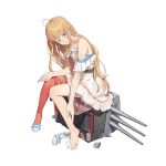  1girl 3; ahoge bandaid barefoot blue_eyes dress feet full_body high_heels light_brown_hair long_hair northampton_(warship_girls_r) official_art one_eye_closed red_legwear rolling_suitcase shoe_removed shoes shoes_removed shuang_ye sidelocks single_shoe single_thighhigh sitting solo thighhighs toes transparent_background turret warship_girls_r white_dress 