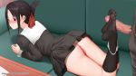  1girl ass bangs black_dress black_hair black_legwear blush censored collared_dress couch dress eyebrows_visible_through_hair feet feet_up footjob ginhaha hair_ribbon kaguya-sama_wa_kokurasetai_~tensai-tachi_no_renai_zunousen~ kneehighs long_sleeves looking_at_viewer lying mosaic_censoring no_shoes nose_blush on_couch on_stomach panties panty_pull paper parted_bangs patreon_username penis red_eyes red_ribbon ribbon shinomiya_kaguya short_hair sidelocks socks soles solo table thighs toes underwear white_panties 