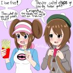  2girls beret blue_eyes breasts brown_eyes brown_hair creatures_(company) double_bun eyebrows female_protagonist_(pokemon_swsh) food game_freak hair_bun hat highres mantisshrimpp matching_hair/eyes mei_(pokemon) multiple_girls nintendo open_mouth pokemon pokemon_(game) pokemon_bw2 pokemon_swsh shirt short_hair simple_background sweater text_focus tied_hair twintails visor_cap 