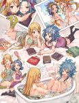  2girls :d ;d ass bangs bathtub black_legwear black_shirt blonde_hair blue_hair blue_panties blush breasts brown_eyes butt_crack chin_rest cleavage collarbone dress eye_contact eyes_closed fairy_tail frilled_dress frills green_legwear green_shirt hair_censor hair_over_breasts hairband hand_holding highres holding_brush kneehighs large_breasts leg_hug levy_mcgarden long_hair looking_at_another looking_at_viewer looking_back lucy_heartfilia lying medium_breasts multiple_girls nude off_shoulder on_stomach one_eye_closed open_mouth orange_hairband panties parted_bangs photo_(object) print_panties print_shirt purple_dress rusky shared_bathing shirt short_dress short_sleeves sideboob sleeveless sleeveless_dress sleeveless_shirt smile striped striped_shirt sundress the_pose thighhighs tied_hair twintails underwear very_long_hair white_dress white_hairband 