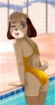  2019 absurd_res animal_crossing anthro biped black_nose blush buffbumblebee butt canid canine canis clothed clothing digby_(animal_crossing) digital_drawing_(artwork) digital_media_(artwork) domestic_dog edit eyebrows eyelashes female fur hair hi_res looking_back mammal multicolored_fur nintendo one-piece_swimsuit one_eye_closed open_mouth outside partially_submerged shih_tzu solo sport_swimsuit standing swimsuit tan_fur teeth tight_clothing tongue video_games water wink yellow_fur 