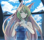  1girl ahoge animal_ears atalanta_(fate) bangs blush breasts cat_ears closed_mouth cloud collarbone day eyebrows_visible_through_hair fate/apocrypha fate/grand_order fate_(series) gradient_hair green_eyes green_hair hair_between_eyes long_hair medium_breasts multicolored_hair nahu one-piece_swimsuit outdoors sky solo swimsuit two-tone_hair 