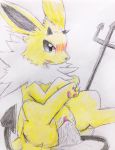  black_eyes black_nose blush chest_tuft clothing colored_pencil_(artwork) costume cum cum_in_pussy cum_inside disembodied_penis duo eeveelution eiroru female feral fur hi_res horn jolteon male male/female male_penetrating melee_weapon nintendo open_mouth pawpads penetration penis pink_pawpads pitchfork pok&eacute;mon pok&eacute;mon_(species) polearm pussy pussy_juice sex simple_background snout solo_focus spread_legs spreading tears traditional_media_(artwork) trident tuft uncensored vaginal vaginal_penetration video_games weapon white_fur yellow_fur 
