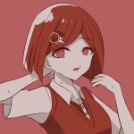  1girl alternate_costume arm_behind_head blazer bob_cut commentary_request danganronpa dot_nose eyebrows_visible_through_hair hair_ornament hairclip highres jacket looking_to_the_side new_danganronpa_v3 piatin red_background red_eyes red_hair red_sweater school_uniform shirt short_hair simple_background solo sweatdrop sweater sweater_vest white_shirt yumeno_himiko 