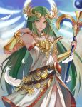  1girl bare_shoulders blush breasts dress green_eyes green_hair highres jewelry kid_icarus long_hair looking_at_viewer nintendo palutena shield simple_background smile solo staff syn_(kuponutt) thighhighs tiara very_long_hair wings 