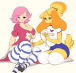  2019 animal_crossing anthro bedroom_eyes big_breasts blush breasts canid canine canis cherrikissu clothed clothing domestic_dog duo female hair half-closed_eyes hi_res human isabelle_(animal_crossing) legwear mammal nintendo pink_hair seductive shih_tzu simple_background smile stockings thick_thighs untying video_games villager_(animal_crossing) 
