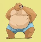  anthro belly big_belly boxers_(clothing) brown_bear brown_fur clothed clothing fur hi_res love_handles male mammal moobs navel obese obese_male onefetishtoomany open_mouth overweight overweight_male simple_background solo standing topless underwear ursid ursine yellow_background 