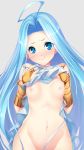  1girl ahoge blue_eyes blue_hair breasts bridal_gauntlets dress dress_lift forehead granblue_fantasy groin hair_intakes hands_on_own_chest highres lifted_by_self long_hair lyria_(granblue_fantasy) navel nipples no_panties out-of-frame_censoring pout small_breasts solo tears unosuke very_long_hair white_dress 
