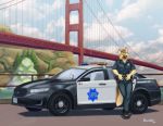  alastair_(alastair) bridge canid canine canis car clothing cloud domestic_dog german_shepherd golden_gate_bridge male mammal nightstick outside police police_car police_uniform richard_foley san_francisco sky solo uniform vehicle 