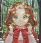  1girl artist_name basket brown_hair capelet closed_mouth dappled_sunlight dated day flower flower_wreath forest frilled_sleeves frills green_eyes head_wreath highres hood hood_up hooded_capelet little_red_riding_hood little_red_riding_hood_(grimm) long_hair long_sleeves looking_at_viewer nature original outdoors peiyu_zhou pink_flower pink_rose rose smile solo sunlight tree upper_body 