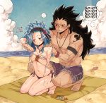  arm_piercing arm_up beach bikini black_bikini_top black_eyes black_hair black_headband blue_hair blue_sky blush breasts character_name chin_piercing cleavage cloud collarbone couple day ear_piercing fairy_tail flower gajeel_redfox groin hair_flower hair_ornament jewelry kneeling levy_mcgarden long_hair looking_away lotion_bottle male_swimwear nail_polish navel necklace nose_piercing ocean outdoors piercing purple_nails purple_swimsuit red_flower rusky shiny shiny_skin side-tie_bikini sky small_breasts spiked_hair squatting striped_bikini_top swim_trunks swimsuit swimwear thought_bubble toenail_polish untied_bikini_top very_long_hair white_bikini 