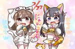  2girls :d alternate_costume animal_ears animal_hood azusagawa_kaede bell bell_collar black_hair blue_collar blue_eyes blush bow brown_eyes brown_hair brown_skirt bunny_hair_ornament cat_day cat_ears cat_girl cat_hood cat_tail collar crop_top dated fang fur-trimmed_gloves fur_collar fur_trim gloves hair_ornament hairclip hands_up highres hood hood_up jako_(jakoo21) jingle_bell kemonomimi_mode long_hair midriff multiple_girls open_mouth paw_gloves paws pink_bow sakurajima_mai seishun_buta_yarou short_jumpsuit skirt smile tail tail_raised thighhighs translation_request very_long_hair white_jumpsuit white_legwear 