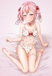  1girl blush breasts closed_mouth food_print gradient gradient_background hair_bobbles hair_ornament highres kantai_collection looking_at_viewer panties pink_eyes pink_hair print_panties rainysnowy108 sazanami_(kantai_collection) short_hair sitting sleepwear small_breasts smile solo strawberry_panties strawberry_print twintails underwear wariza 