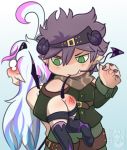  bite butt chibi clothed clothing demon female green_eyes hair horn humanoid lillin low_res male purple_hair sin spank_marks spanking tail_biting uluri white_hair wings 