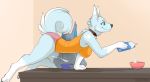  2018 absurd_res all_fours anthro big_breasts blue_eyes blue_fur bowl breakfast breasts butt canid canine canis carton clothed clothing colarix colarix_(fursona) collar domestic_dog dragon duo eating female fur grey_fur hi_res husky inside male mammal milk nipple_outline pouring rude sitting skimpy smile solo_focus spoon white_fur 
