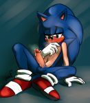  anthro balls blush breath clothing cum cum_on_penis eulipotyphlan footwear gloves green_eyes hedgehog hi_res humanoid_penis krazyelf long_penis male mammal navel nude orgasm penis presenting presenting_penis shoes sitting solo sonic_(series) sonic_the_hedgehog spread_legs spreading video_games 