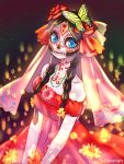  1girl black_hair blue_eyes bodypaint braid butterfly_hair_ornament dia_de_los_muertos dress face_paint female hair_ornament highres mitake_eiru original pawoo_username solo strapless white_skin 