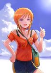  1girl :d beach between_breasts blue_shorts blue_sky blush breasts cloud collarbone gacha-m gundam gundam_zz hand_on_hip looking_at_viewer off-shoulder_shirt off_shoulder open_mouth orange_hair orange_shirt outdoors purple_eyes puru_two shirt short_hair_with_long_locks short_shorts short_sleeves shorts sidelocks sky smile solo strap_between_breasts thumbs_up 