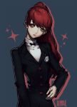  1girl black_jacket blazer bow brown_eyes closed_mouth hair_bow jacket kuzudon long_hair looking_at_viewer persona persona_5 persona_5_the_royal ponytail red_bow red_hair shuujin_academy_uniform simple_background solo twitter_username upper_body 