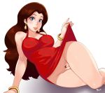  1girl bare_shoulders blue_eyes blush bottomless breasts brown_hair crystalcheese_(artist) curvy dress earrings erect_nipples eyebrows jewelry long_hair looking_at_viewer lying mario_(series) medium_breasts nintendo on_side pallasite pauline pubic_hair simple_background smile solo super_mario_bros. white_background wide_hips 