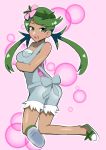  1girl ass breasts creatures_(company) eyebrows game_freak green_eyes green_hair long_hair mao_(pokemon) matching_hair/eyes nintendo open_mouth overalls pokemon pokemon_(game) pokemon_sm solo teeth twintails 