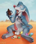  2019 animal_genitalia anthro balls bandicoot bilby bilby_(dreamworks) blown-ego blue_fur candy chocolate conditional_dnp easter egg food fur hi_res holidays male mammal marsupial multicolored_fur nude open_mouth outside pawpads penis shocked simple_background solo sweat white_fur 