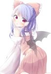  1girl :o ahoge ass bat_wings black_wings blue_hair blush bow commentary_request cosplay detached_sleeves eringi_(rmrafrn) frilled_bow frills hair_bow hair_tubes hakurei_reimu hakurei_reimu_(cosplay) highres japanese_clothes kneeling long_hair long_sleeves looking_at_viewer looking_back miko parted_lips pleated_skirt purple_eyes red_bow red_shirt red_skirt remilia_scarlet shirt simple_background skirt sleeveless sleeveless_shirt solo sweat touhou transparent_wings white_background white_sleeves wings 