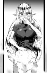  1girl blush breasts cellphone censored embarrassed eyebrows_visible_through_hair greyscale hands_on_own_stomach hands_on_stomach holding holding_cellphone holding_phone huge_breasts lamia large_breasts light_censor long_hair looking_at_mirror looking_at_viewer mirror monochrome monster_girl monster_girl_encyclopedia niwatori_gunsou phone pointy_ears pussy room scales self_shot shirohebi_(monster_girl_encyclopedia) shirt slit_pupils smile snake_tail solo straight_hair sweat t-shirt tail upper_body 