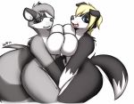  2019 anthro big_breasts black_fur blue_eyes border_collie breast_squish breasts canid canine canis collie domestic_dog duo female female/female fur grey_fur hi_res lactating looking_at_viewer mammal milk nude procyonid raccoon simple_background white_fur winter_(artist) 