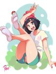  1girl absurdres anus beanie black_hair creatures_(company) crystalcheese_(artist) eyebrows feet game_freak hat highres mizuki_(pokemon) nintendo no_shoes open_mouth pallasite pokemon pokemon_(game) pokemon_sm pussy shirt short_hair shorts socks soles solo v 