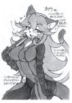  anthro big_breasts black_and_white blush breasts clothed clothing cute_fangs felid feline gloves hair jacket japanese_text kemono long_hair looking_at_viewer mammal monochrome nakagami_takashi op&eacute;ra_kranz open_mouth simple_background sketch smile solo text white_background 
